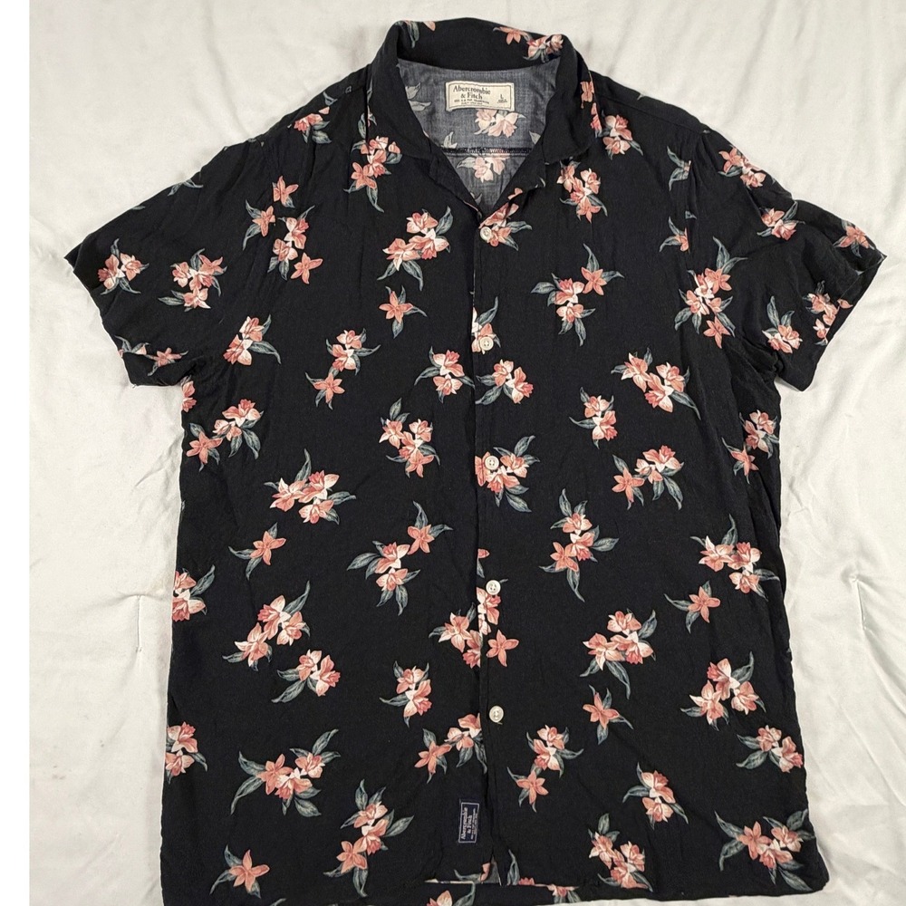 Abercrombie & Fitch Mens Floral‎ Short Sleeve Button Down Shirt Black Pink L